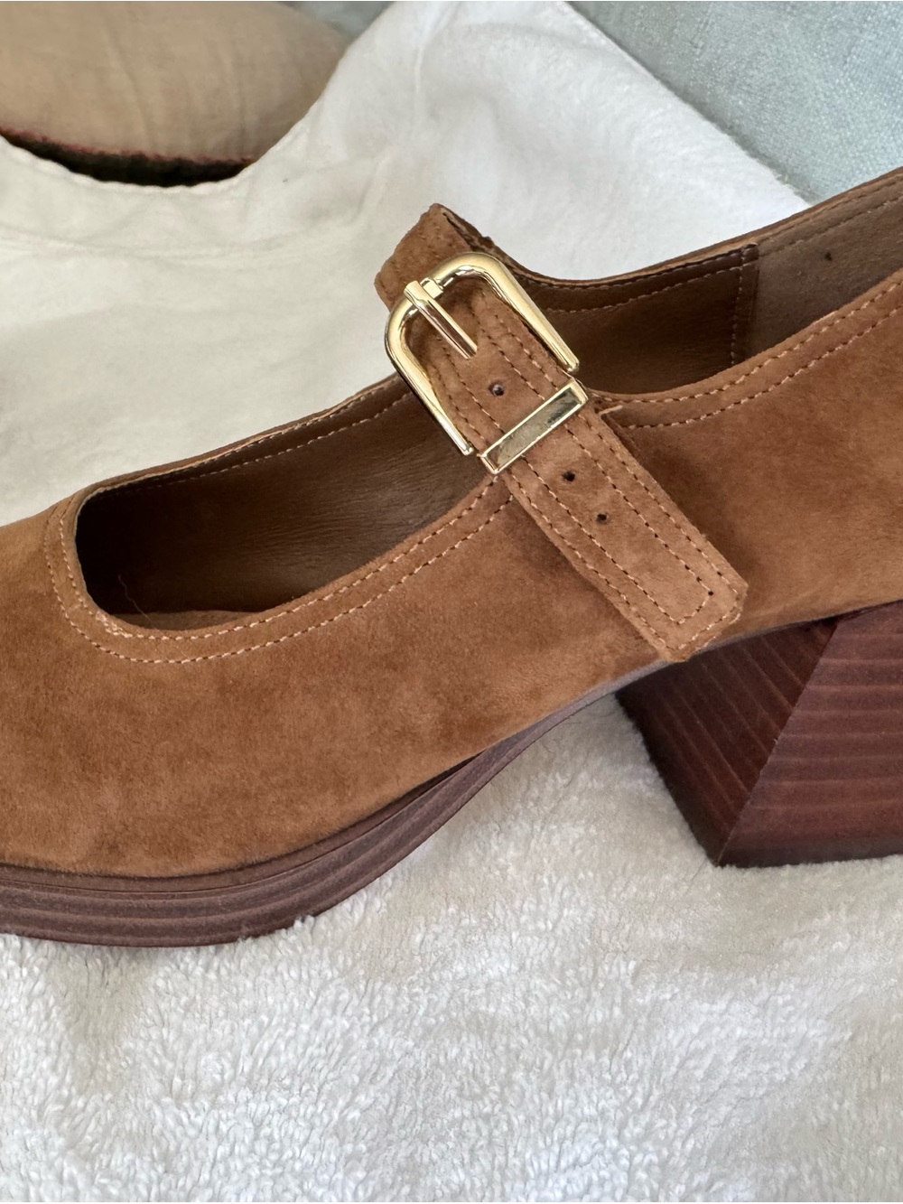 Steve Madden Chestnut Suede Mary Jane Flats with Gold Buckles - Picture 2 of 4